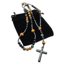 Cross Rosary Hematite 26&quot; Necklace Pendant Obsidian Turquoise Tigers Eye &amp; Bag - £28.68 GBP