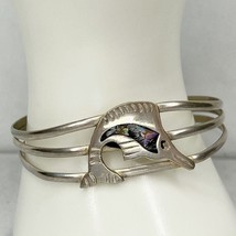 Vintage Abalone Shell Inlay Fish Silver Tone Cuff Bracelet - £19.77 GBP