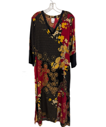 Natori Floral Long Kimono Dress Red Black Yellow V-Neck Size M - $69.29