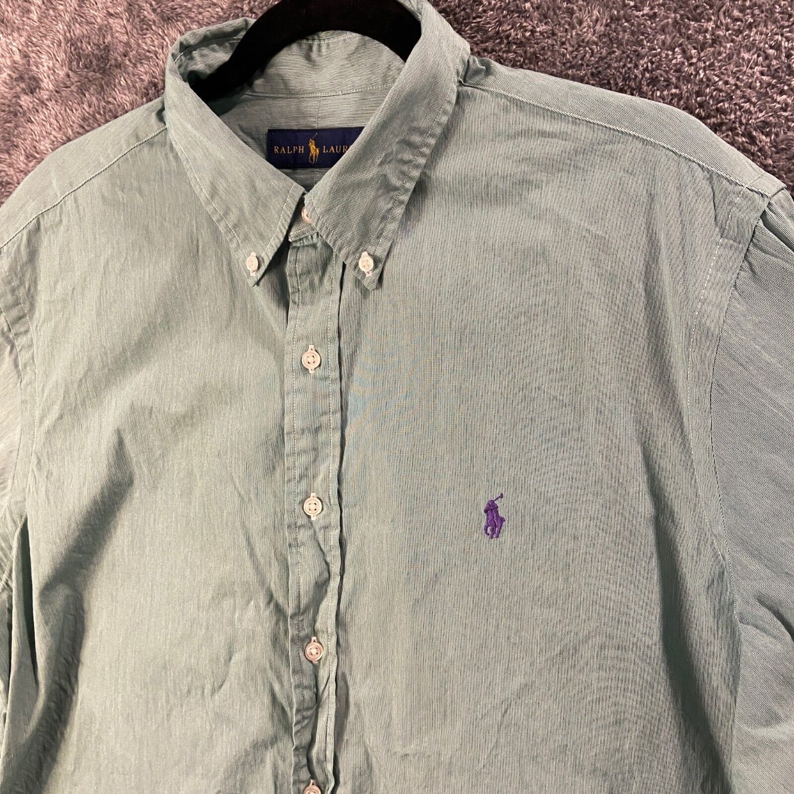 Primary image for Ralph Lauren Dress Shirt Mens 17.5 44 Green Striped Button Up Preppy Purple Pony