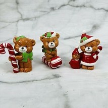 Vintage Set of 3 Ceramic Teddy Bears Korea Red Green Candy Cane Santa - $34.60
