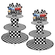 2 Pack Race Car Cupcake Stands Birthday Party Supplies, Two Fast Cars Decoration - £22.01 GBP