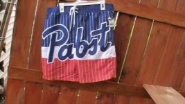 Pabst Blue Ribbon 8&quot; Swim Trunks Board Shorts Red White Blue Size Large 38W - £11.23 GBP