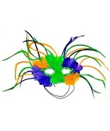 Mardi Gras Mask Multi Colored Feather Mask With Green Sequins - $12.99