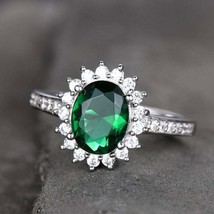 3.20 Ct Oval Cut Simulated Green Emerald 14K White Gold Over Halo Cluster Ring - £120.07 GBP