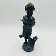 Bronze Sculpture Girl Holding Pigeons 10in Solid Vintage Home Decor Figural - £173.30 GBP