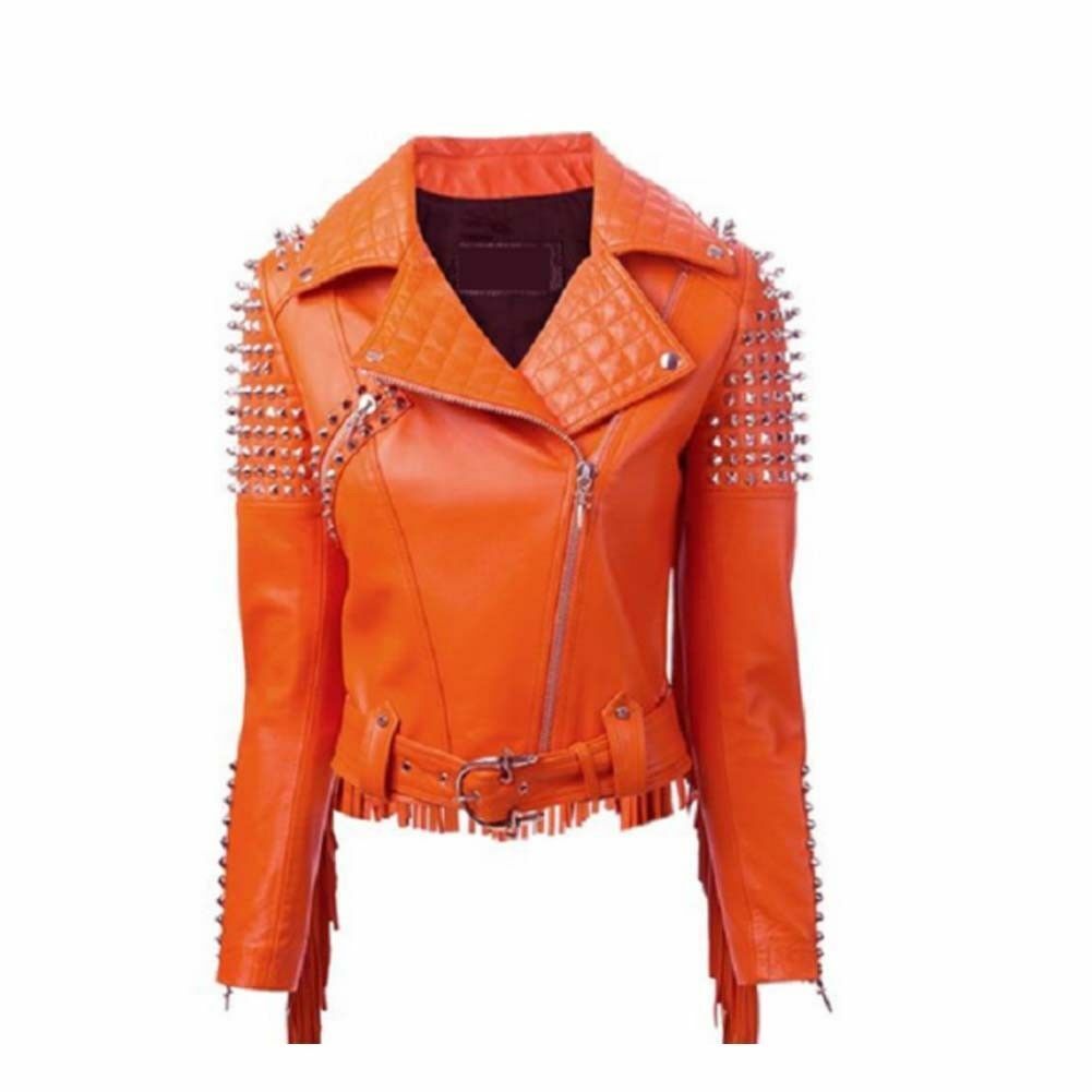 Women's Orange Fringed Belted Genuine Leather Silver Spike Studs Quilted Jacket