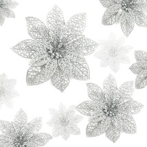 24 Pieces Glitter Poinsettia Flowers Christmas Tree Ornaments (Silver) - £11.32 GBP