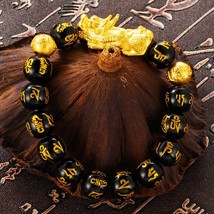 Top quality natural Obsidian Stone Beads Bracelets Wristband Wealth real 24K gol - £43.14 GBP