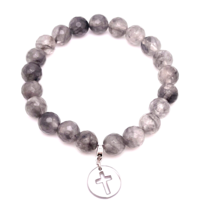 .925 Sterling Silver Cross Gray Quartz Beaded 7” Stretch Bracelet - £15.57 GBP