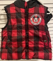 Disney Toddler 12 M Vest Jacket W Mickey Ears Hoodie Black &amp; Red Check Zip Up - $16.99