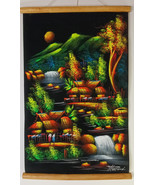 Island Tiki Black Light Velvet Painting Tropical Thailand Sunset Waterfa... - $70.00