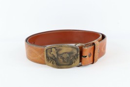 Vintage 70s Mid Century Modern MCM Mens 40 Leather Brass Duck Buckle Belt USA - $69.25