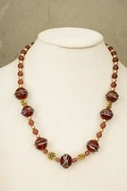 Artisan Jewelry Italian Glass Beaded Necklace Dark Red Purple Gold Tones... - £27.68 GBP