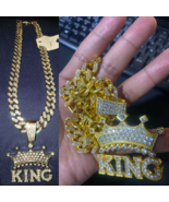Men’s Hip Hop King Crown Pendant Necklace – 13mm Iced Out Cuban Chain Bling - $19.79