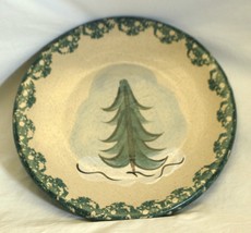 Stoneware Folk Art Salad Plate Green Spongeware Pine Trees Country Craft... - $24.74