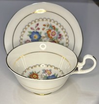Aynsley Tea Cup And Saucer Floral Blue Burgundy Bone China Footed Scallop Gold - £18.01 GBP