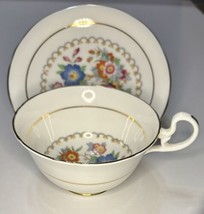 Aynsley Tea Cup And Saucer Floral Blue Burgundy Bone China Footed Scallop Gold - £17.69 GBP