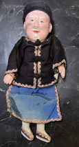 Vintage Antique Asian Chinese Old Man Silk Clothing Composition Doll 8.5&quot; - £27.50 GBP