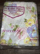 Seconds ~ Vtg Double Flat Sheet New Floral White Durable Press 1960&#39;s - £17.32 GBP