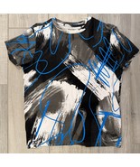 Bershka Men&#39;s XS White Black Blue Shirt Print Abstract Art Design - $504.90 MXN