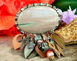 Chipita Brooch Pin Oval Stone Cabochon Beaded Leather Dangles Signed - £35.93 GBP
