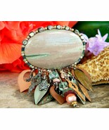 Chipita Brooch Pin Oval Stone Cabochon Beaded Leather Dangles Signed - €39,03 EUR
