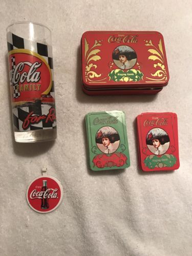 Primary image for 3 Coca-Cola Collectibles Racing Glass; Circle from key chain; Tin w 2 Card Decks