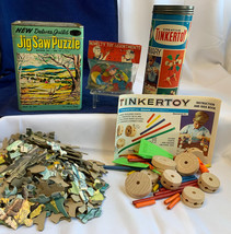 Vtg Mixed Toy Lot Deluxe Guild Jigsaw Puzzle Tinkertoy Novelty Toy Assortment - £47.27 GBP
