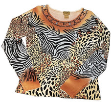 Midnight Velvet Womens Mixed Animal Print Top Sz L Beaded Embellished St... - $12.77