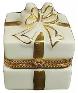 Tiny Small 2 inch square 2.5” tall Ceramic Gift Box Beige Gold Trim - $11.51