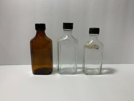3 Vintage Medicine Pharmacy Bottles w/Lids Clear Glass/Brown Duraglas Embossed - £9.92 GBP