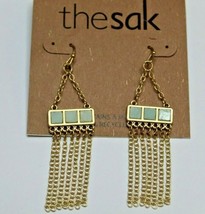 The Sak Gold Tone French Wire Dangle Earrings Gold Chains W Blue Squares - £15.28 GBP