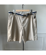 NWT Izod Cotton Khaki Flat Front Shorts With Blue Woven Belt 36 - $21.60