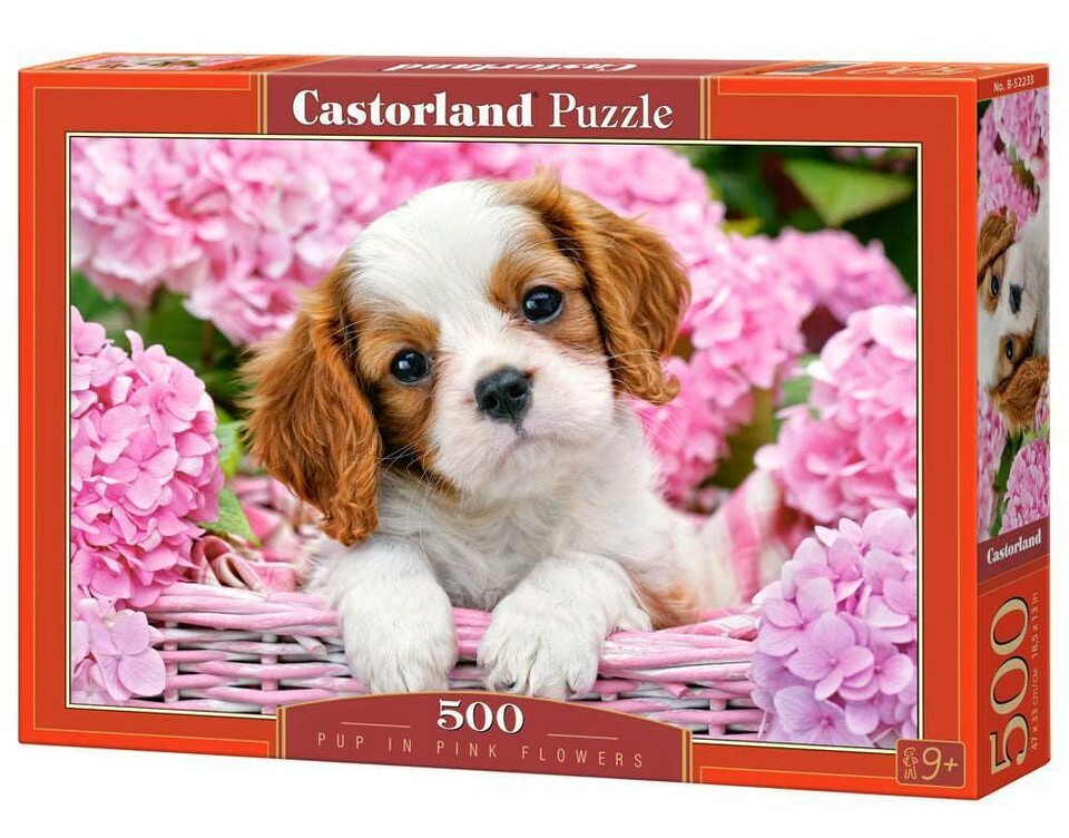 500 Piece Jigsaw Puzzle, Pup in Pink Flowers, Animal puzzle, Dog puzzle; - $33.74