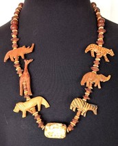 Women&#39;s Necklace Carved Wooden Beads and African Animals Brown Beige 28&quot; - £14.80 GBP