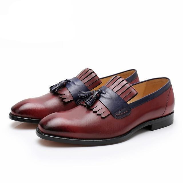 Men's Loafer Slips On Tassel Shoes Maroon Blue Cont Real Leather Formal Handmade