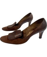 60s Brown Heels Vegan Suede Reptile Shoes Vintage 8 Johansen - $27.00