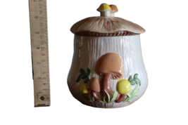 Chipped  Vtg Arnel&#39;s Small Mushroom Canister Ceramic 7&quot; Tall with Lid 1970s - £13.57 GBP