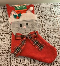 Christmas House Cat Design Red Felt Stocking Gray Kitten Holiday Gift Brand New - $11.99