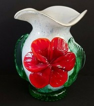 Italian Art Glass Fluted Top Vase With Orange Red Flower &amp; Leaves 6&quot; Tall - £32.12 GBP