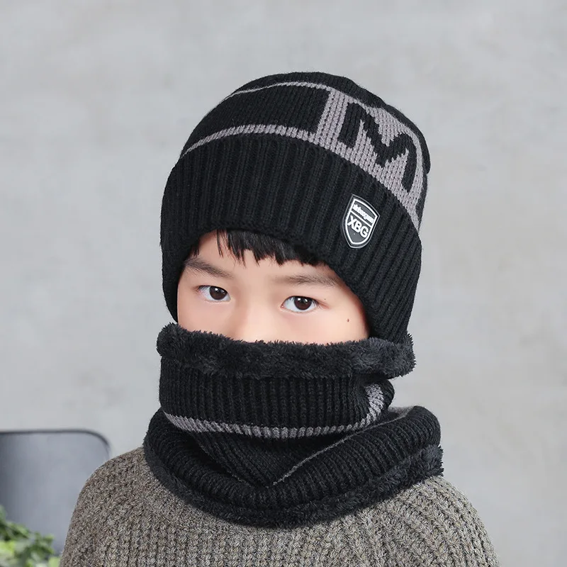 Kids winter knitted hat scarf set warm fleece lining cap for 5 14 year old boys thumb200