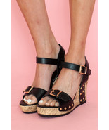 Black Rivet Buckle Closure Wedge Sandals - $32.70