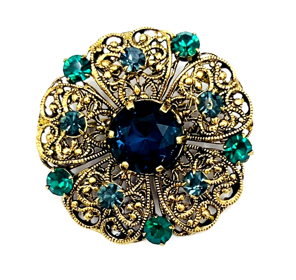 Primary image for Vintage Signed Czech Glass Blue Green Brass Filigree Brooch Pin