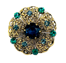 Vintage Signed Czech Glass Blue Green Brass Filigree Brooch Pin - £35.61 GBP
