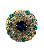Vintage Signed Czech Glass Blue Green Brass Filigree Brooch Pin - £35.20 GBP