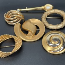 Vtg Lot 6 Gold Tone Brooches 80s 90s Brushed Smooth Swirls Round Modern 1.5”-3” - £20.47 GBP