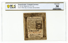 FR. PA-162 March 20, 1773 16 Shillings Pennsylvania Colonial PCGS VF30 (... - $305.55
