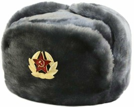 Authentic Russian Ushanka Gray Military Hat Soviet Red Army Badge Size M... - £22.09 GBP