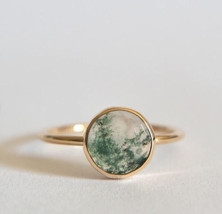 14k Solid Gold Moss Agate Ring, Natural Rose Cut Moss Agate Gemstone Boho Hippie - £358.40 GBP